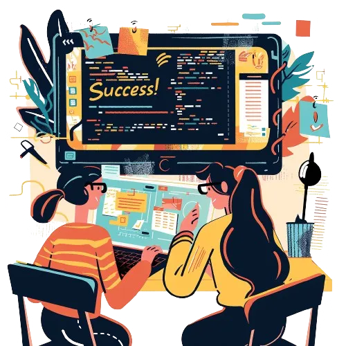 An illustration of an interview setting during the coding challenge part with a screen in the back saying success!