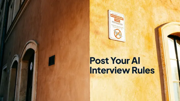A small rules sign on a sunlit orange wall, next to the headline "Post Your AI Interview Rules"