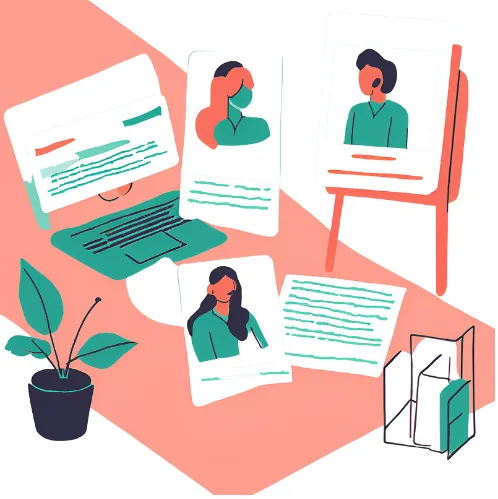 Illustration of a hiring team reviewing candidate profiles and preparing for interviews