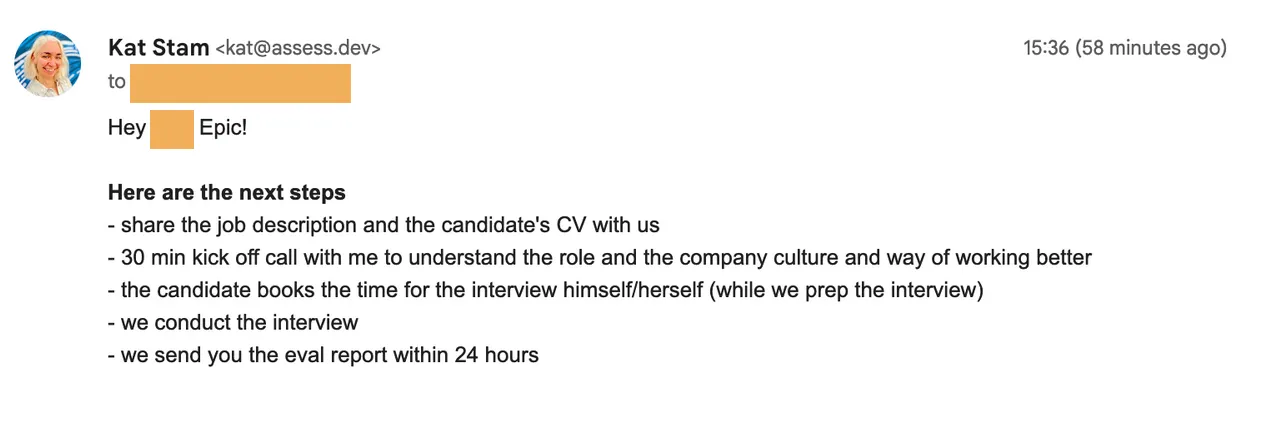 An email from Kat Stam listing the next steps for a tech interview
