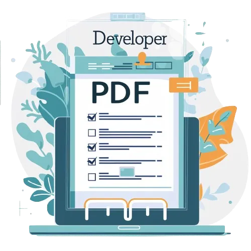 An artsy illustration of a PDF report with the word developer on top. The report has checkboxes.