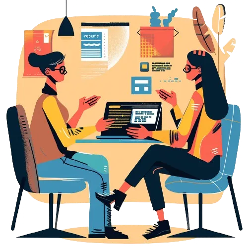 An illustration of two tech people talking to each other in an introductory setting.