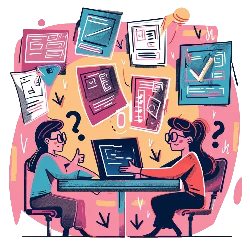 An illustration of an interviewer and a candidate asking a lot of questions.