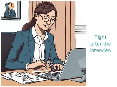 An illustration of an interviewer writing feedback on a laptop right after the interview